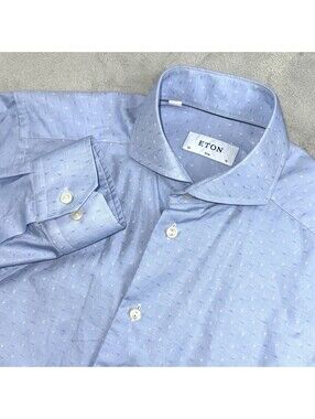 Eton Men’s Dress Shirt 38 15 Blue Micro Pattern Cotton Long Sleeve Sweden Preppy